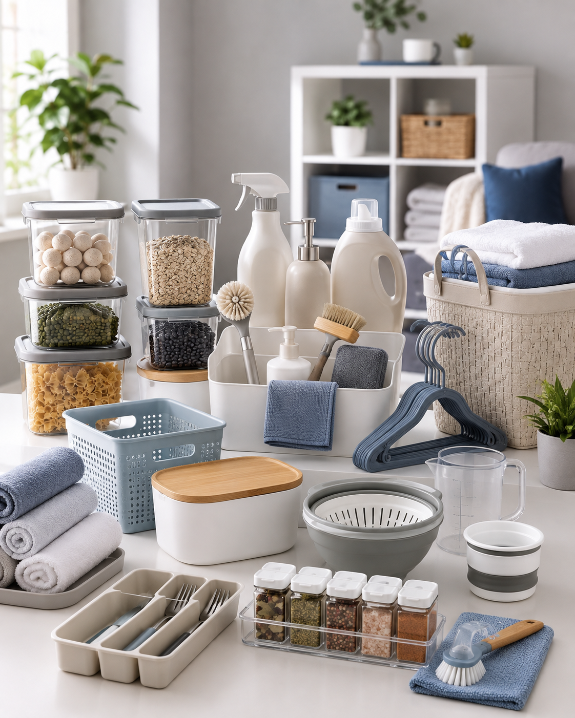 Home and living essentials including kitchen, organization, cleaning, and household products